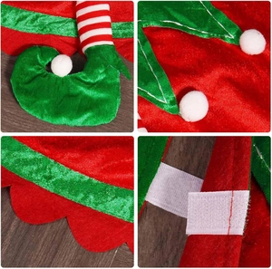 Detailed views of velvet elf tree skirt showing pom-poms, striped legs and velcro closure