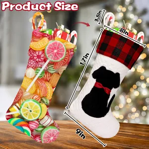 Detailed size chart for plaid Christmas stockings showing 17 inch height and 9 inch width