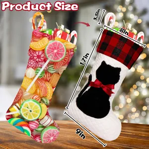 Size guide for red buffalo plaid Christmas pet stockings with detailed measurements