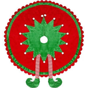 Christmas tree skirt with red velvet scalloped edges and elf striped legs decoration