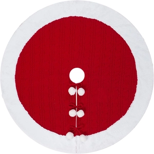 Gonna per albero di Natale in maglia rossa con bordo in peluche bianco e pompon