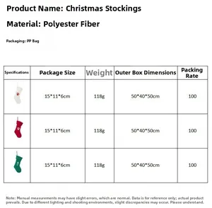 Specifiche dettagliate delle calze di Natale con ricamo a zampa e dimensioni precise