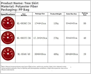 Size chart for red velvet Christmas tree skirts with golden snowflake embroidery detail