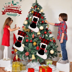 Set of 3 red black plaid Christmas stockings with black cat silhouettes for tree decor