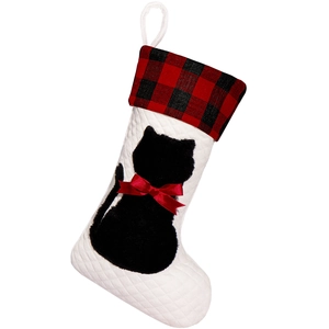 Quilted white Christmas stocking with red-black plaid cuff and black cat silhouette charm