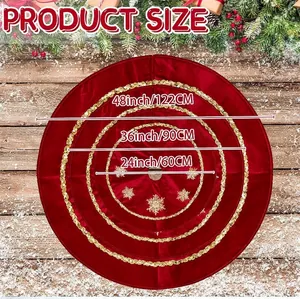 Red velvet Christmas tree skirt with gold snowflake sequins and size guide layout