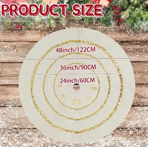 Size chart for white velvet Christmas tree skirt with gold sequins and snowflake details