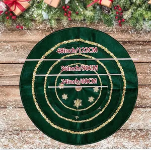 Green velvet Christmas tree skirt with gold sequin edges and embroidered snowflakes pattern