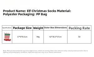 Detailed spec sheet showing red and white striped elf Christmas stocking materials