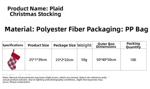 Guide des tailles pour chaussettes de Noël à carreaux rouges en polyester, 25x39cm
