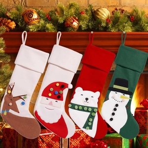 Set of four 3D Christmas stockings featuring elk, Santa, bear, and snowman on fireplace