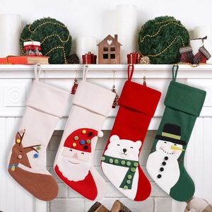 Polyester Christmas Stocking With 3D Applique Pom-pom Santa Snowman Reindeer Bear Hanging Ornament Festive Holiday Home Decor