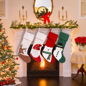 Set of 4 festive 3D plush Christmas stockings featuring Santa, Reindeer, Bear, and Snowman
