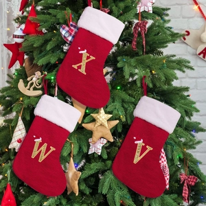 Red Knit Christmas Stocking With Faux Fur Trim Gold Glitter Alphabet Letter Personalized Hanging Xmas Decor Home Party