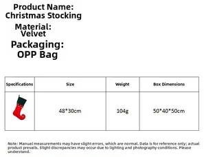 Detailed size chart for the red velvet elf Christmas stocking showing 48x30cm dimensions