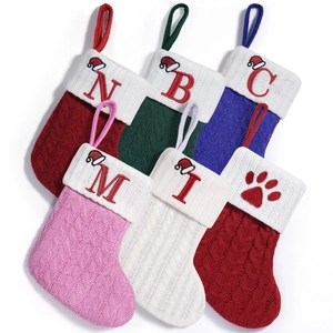 Polyester Cable Knit Embroidered Letter Christmas Stockings Small Holiday Tree Hanging Decoration For Home Decor
