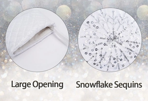Detail of white Christmas stocking with silver snowflake sequins and large opening design