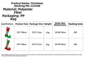 Size chart showing 48cm Christmas elf stockings dimensions and polyester material details