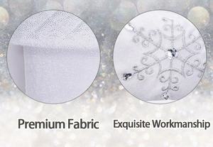 Detail of white Christmas stocking fabric with silver sequin snowflake and faux diamond studs