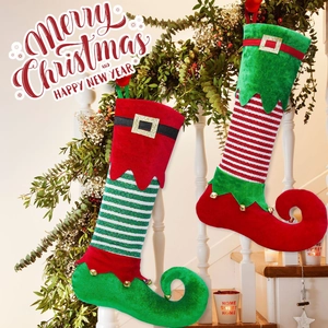 Christmas Elf Stocking With Golden Bells Belt Buckle Striped Hanging Ornament Elf Boot Style Festive Home Decor For Christmas Tree Gift