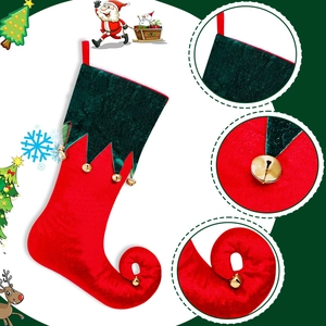 Elf boot Christmas stocking in red and green velvet with festive golden bells