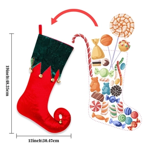 Large 19 inch red and green velvet elf Christmas stocking with golden bells decoration