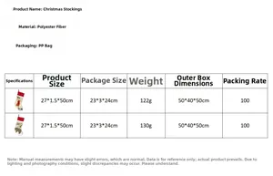 Größenangaben und Materialdetails für Weihnachtsstrümpfe mit Rentier- und Waschbärmotiven