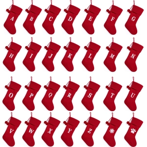 Set of 28 red knit Christmas stockings with white letters and cute festive patterns