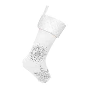 White fabric Christmas stocking with silver sequin snowflakes and quilted cuff detail
