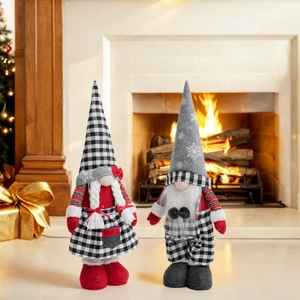 Standing Christmas gnomes set with plaid hats and long legs in front of a cozy fireplace