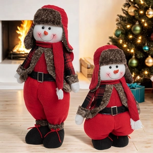 Christmas Red Snowman Doll With Retractable Legs Plaid Clothes Fur Trim Standing Figurine For Holiday Home Decoration