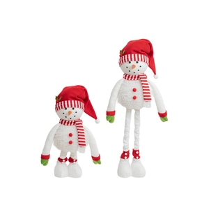 Set of two standing Christmas plush snowmen with red hats and striped scarves on white background
