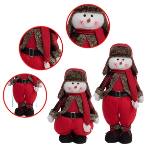 Standing plush Christmas snowmen with adjustable telescopic legs and red plaid outfits