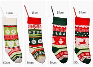 Detailed size chart for four-pack knitted Christmas stockings with various festive patterns