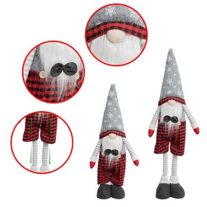 Christmas gnome plush with grey snowflake hat, red plaid overalls, and telescopic legs