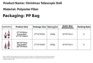 Size guide table for telescopic Christmas faceless gnomes with polyester material details