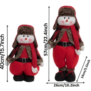 Plush Christmas snowman dolls in red hats and plaid scarves, standing 40cm and 57cm tall