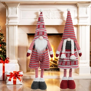 Nordic Christmas Gnome Doll Ornament With Telescopic Legs Knit Snowflake Pattern Standing Plush Swedish Tomte Xmas Home Decor