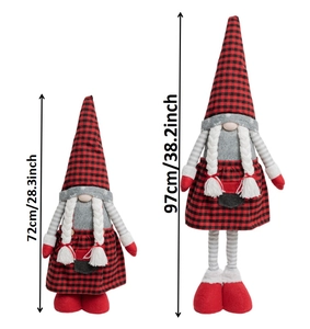 Detailed size chart showing 72cm and 97cm heights for red and black plaid Christmas gnomes