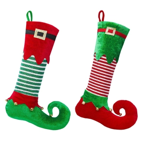Set of 2 Christmas elf stockings with bells and belt details for tree decoration