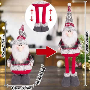 Detail view of the adjustable telescopic legs showing height from 45cm to 62cm on plush doll