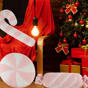Lot de coussins en peluche rayés rose et blanc avec canne à sucre et détails ronds