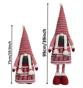 Detail view of two Christmas gnome plush dolls showing 75cm and 99cm size heights