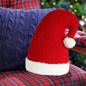 Coussin en Forme de Bonnet de Noël en Polaire Teddy Douce Peluche Rouge Blanc Décoration de Noël pour la Maison Cadeau