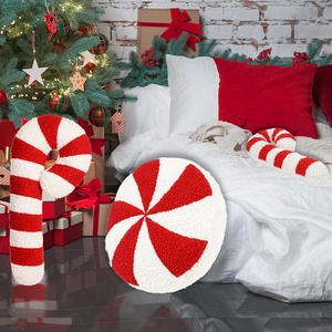 Cuscino Peluche Bastoncino di Zucchero Natalizio Strisce Rosse Bianche Cuscino Rotondo Menta Velluto Teddy Decorativo