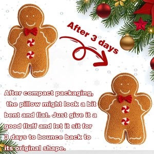 Detail of gingerbread man plush cushion showing compression recovery and soft material