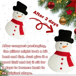 Detailed guide showing the snowman plush pillow recovery process from vacuum compression