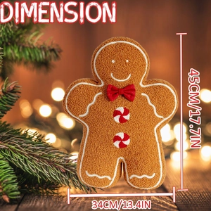 Gingerbread man plush pillow dimension chart 45x34cm in cozy Christmas scene