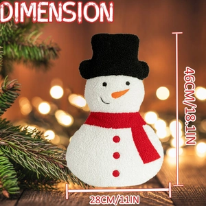 Detail showing plush snowman pillow dimensions of 46cm height and 28cm width