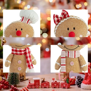 Detail of plush gingerbread man figurines with chef hat and bow tie for Christmas decor